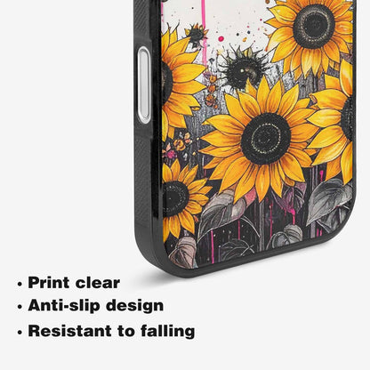 iPhone 16 Case — Sunflower Burst Black Pink Ink Sunflowers, Original Design Phone Case