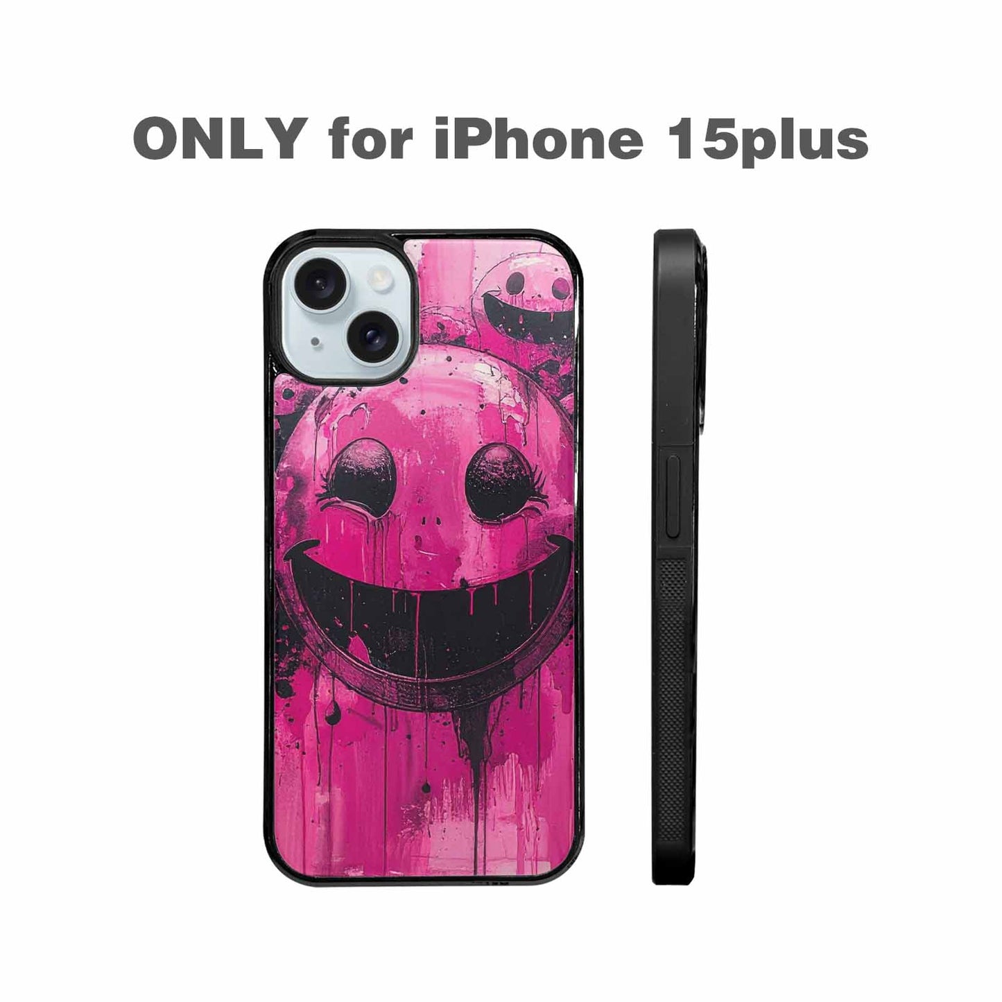 iPhone 15 Plus Case — Melting Moon Smiley Black Pink Ink, Custom Phone Case