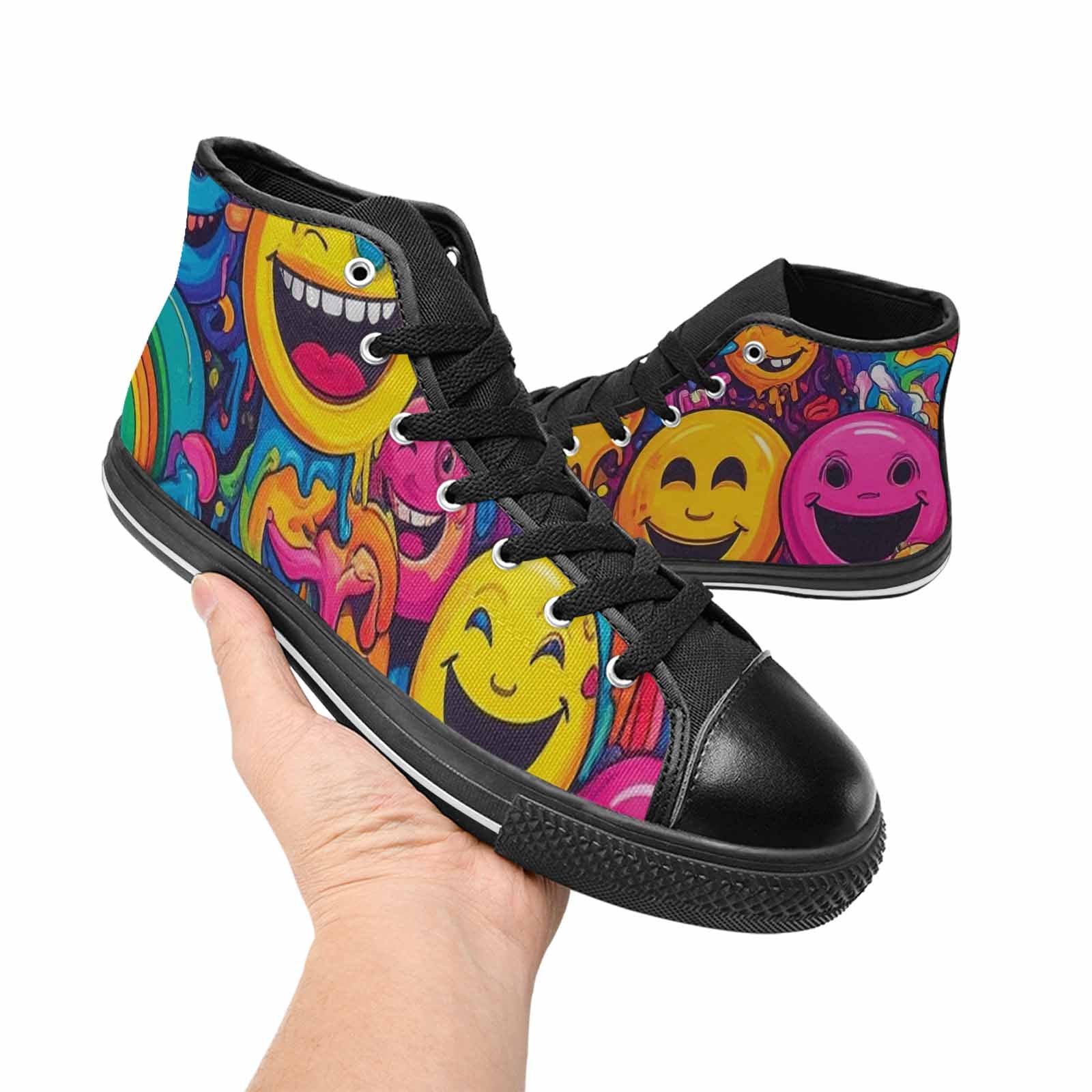 WOMEN'S Yellow Smiley Face High Top Canvas Surreal Custom Sneakers