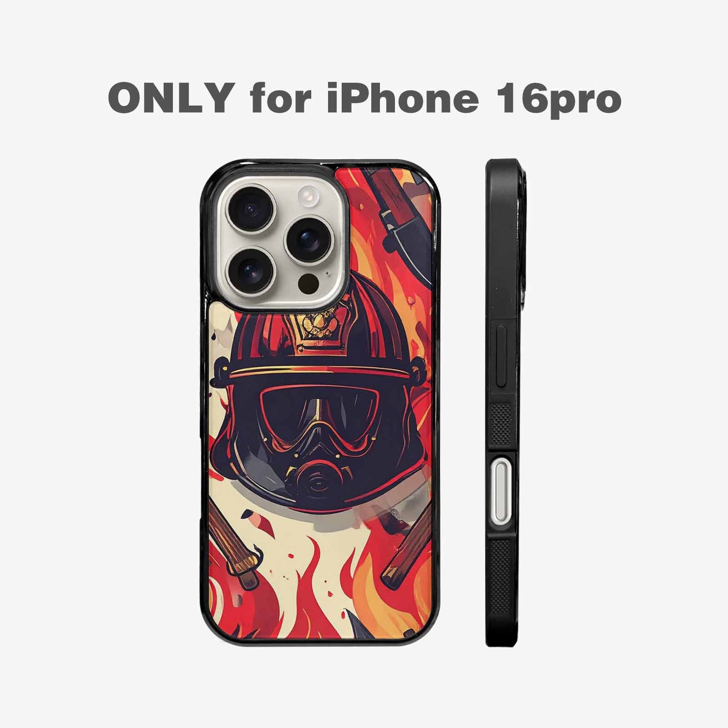 iPhone 16 Pro Case — Firefighter Pattern Flames Axes Helmets Seamless, Customized Protective Case