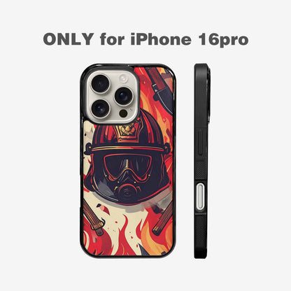 iPhone 16 Pro Case — Firefighter Pattern Flames Axes Helmets Seamless, Customized Protective Case