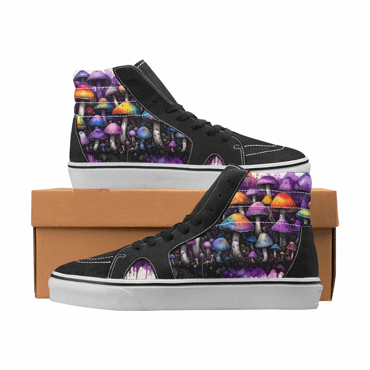 WOMEN'S Mushrooms Black & Purple Ink High Top Canvas Custom Fashion Melting Art Custom Sneakers