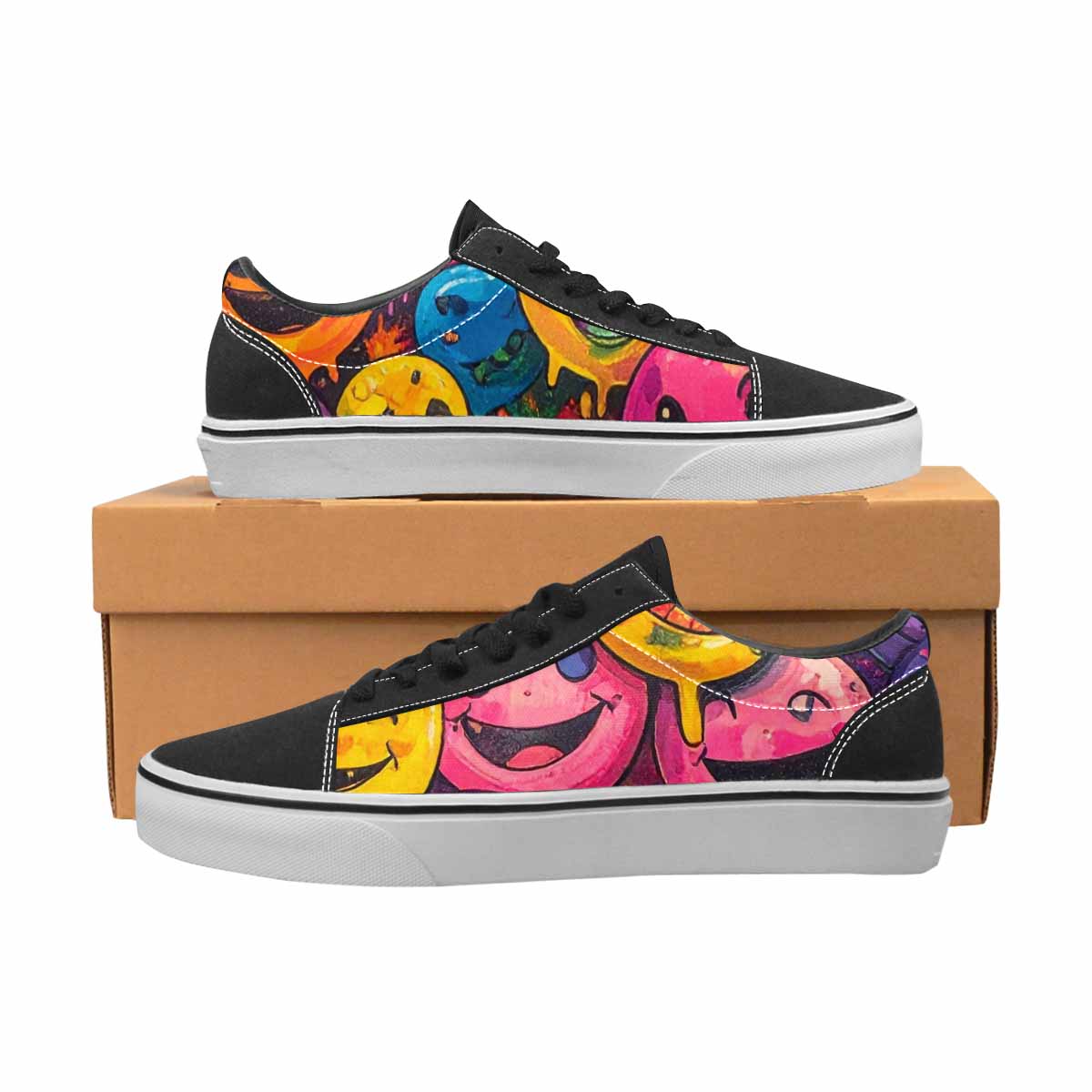 WOMEN'S Melting Moon Smiley Lace-Up Canvas Wallpaper Art Custom Sneakers