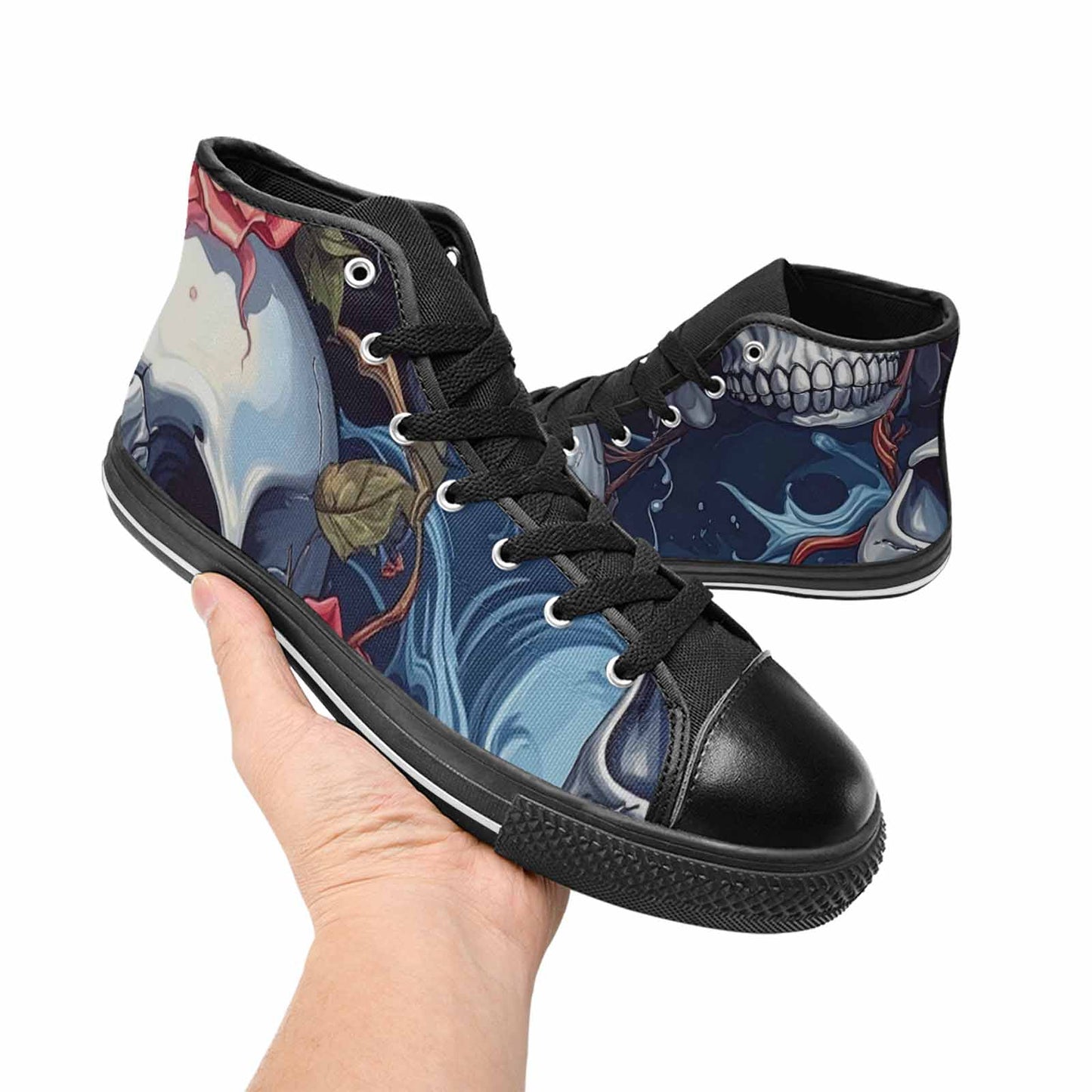 WOMEN'S Skulls Roses Chrome Airbrush High Top Canvas Aesthetic Shoes