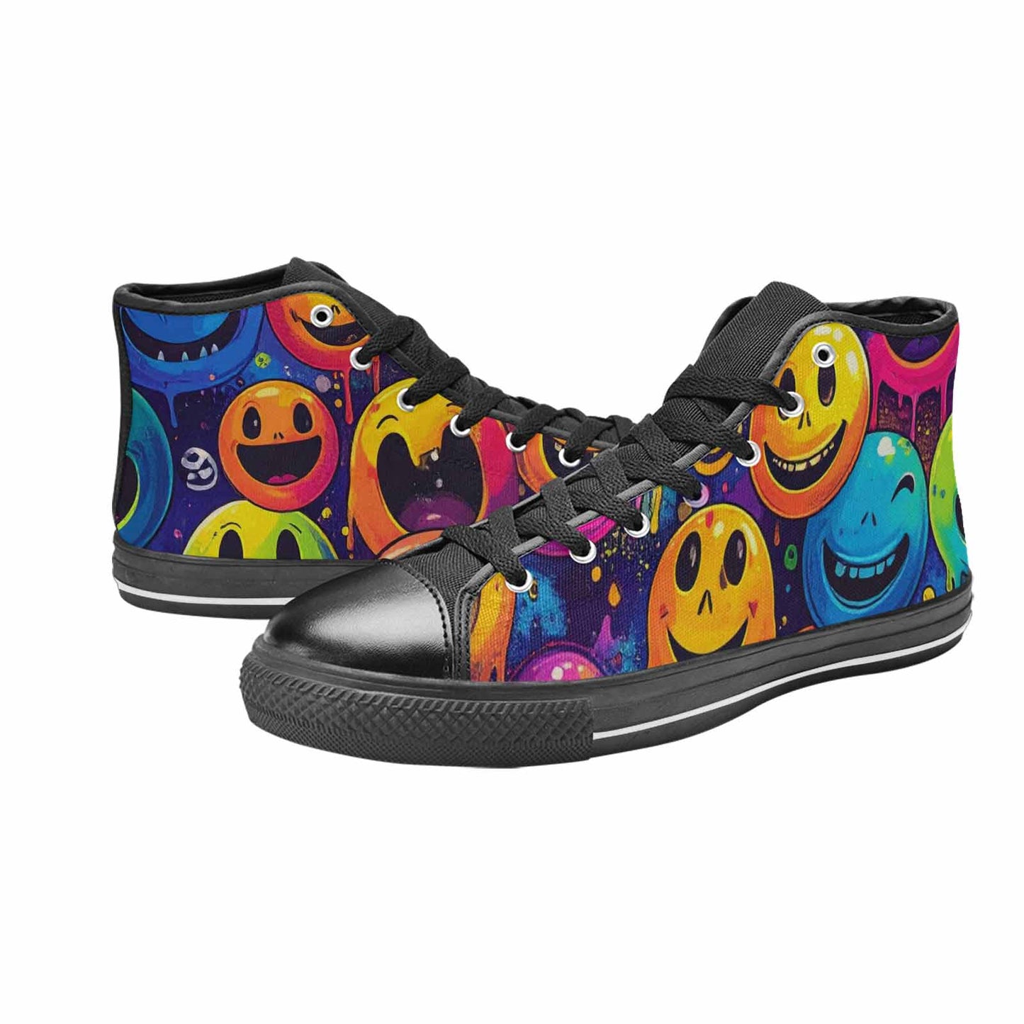 WOMEN'S Yellow Smiley Face High Top Canvas Dark Academia Sneakers