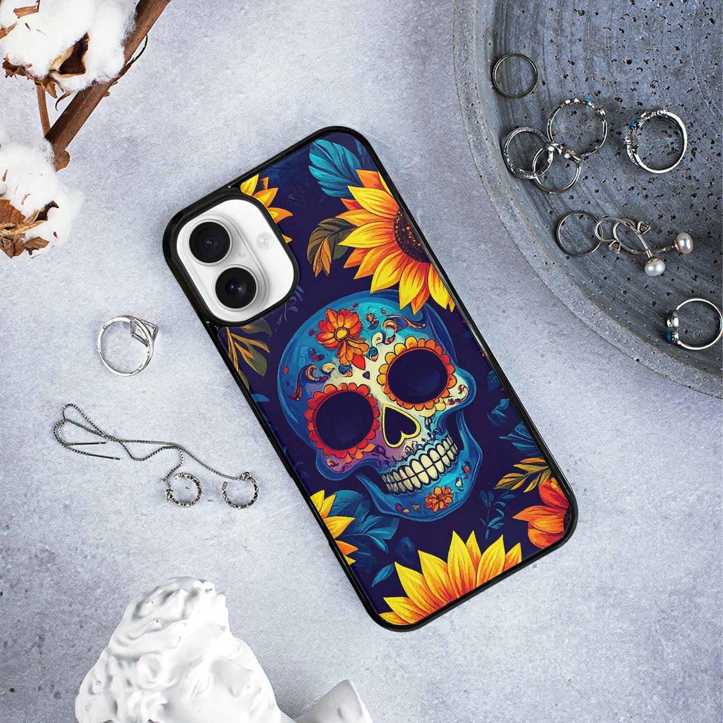 iPhone 16 Plus Case — Sunflower Skulls Print, Custom Phone Case