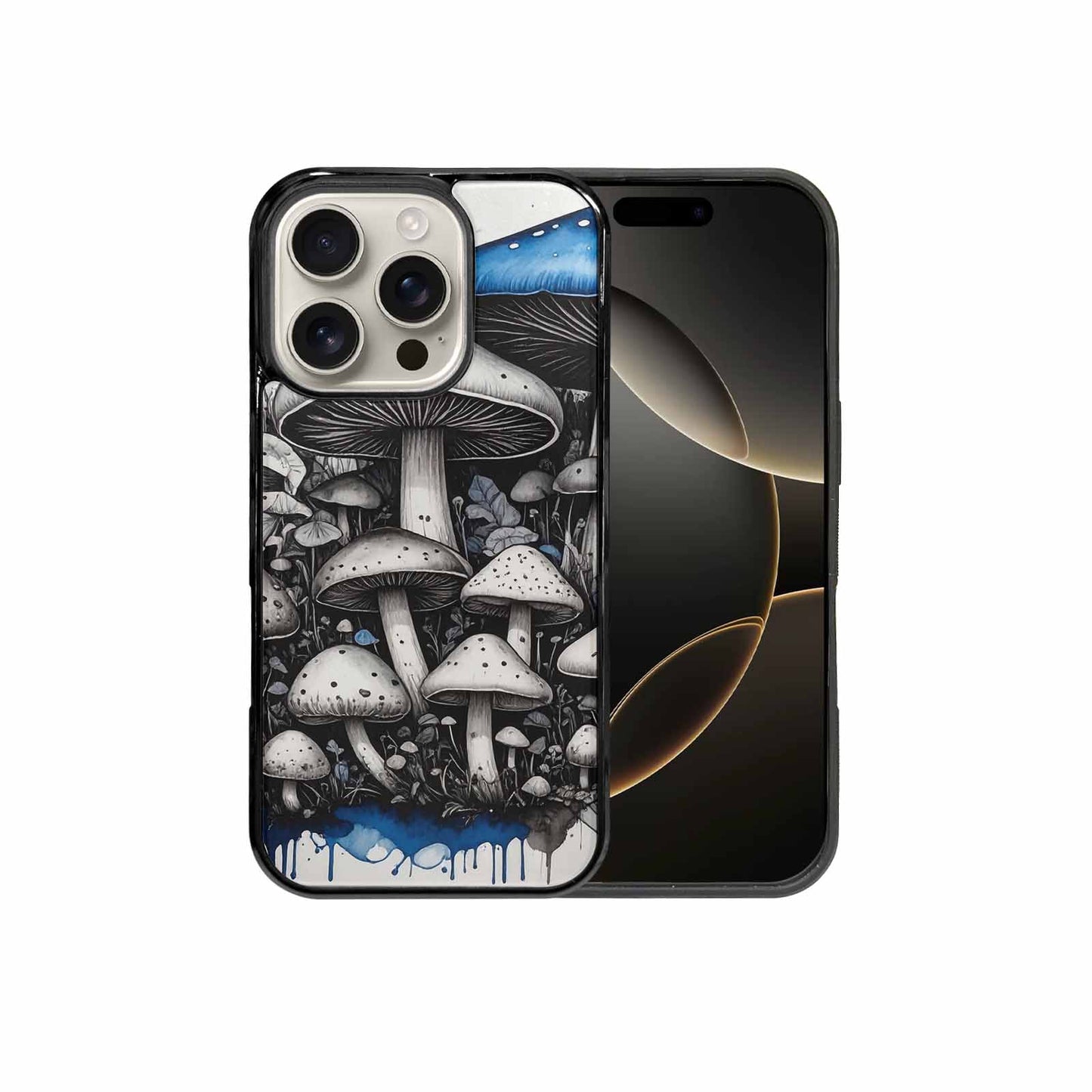 iPhone 16 Pro Case — Mushrooms General Black Blue Ink Mushrooms, Custom Print Case Cover