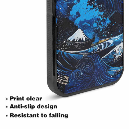 iPhone 15 Case — Nautical Wave Black Blue Ink Wave, Custom Designed Case Cover