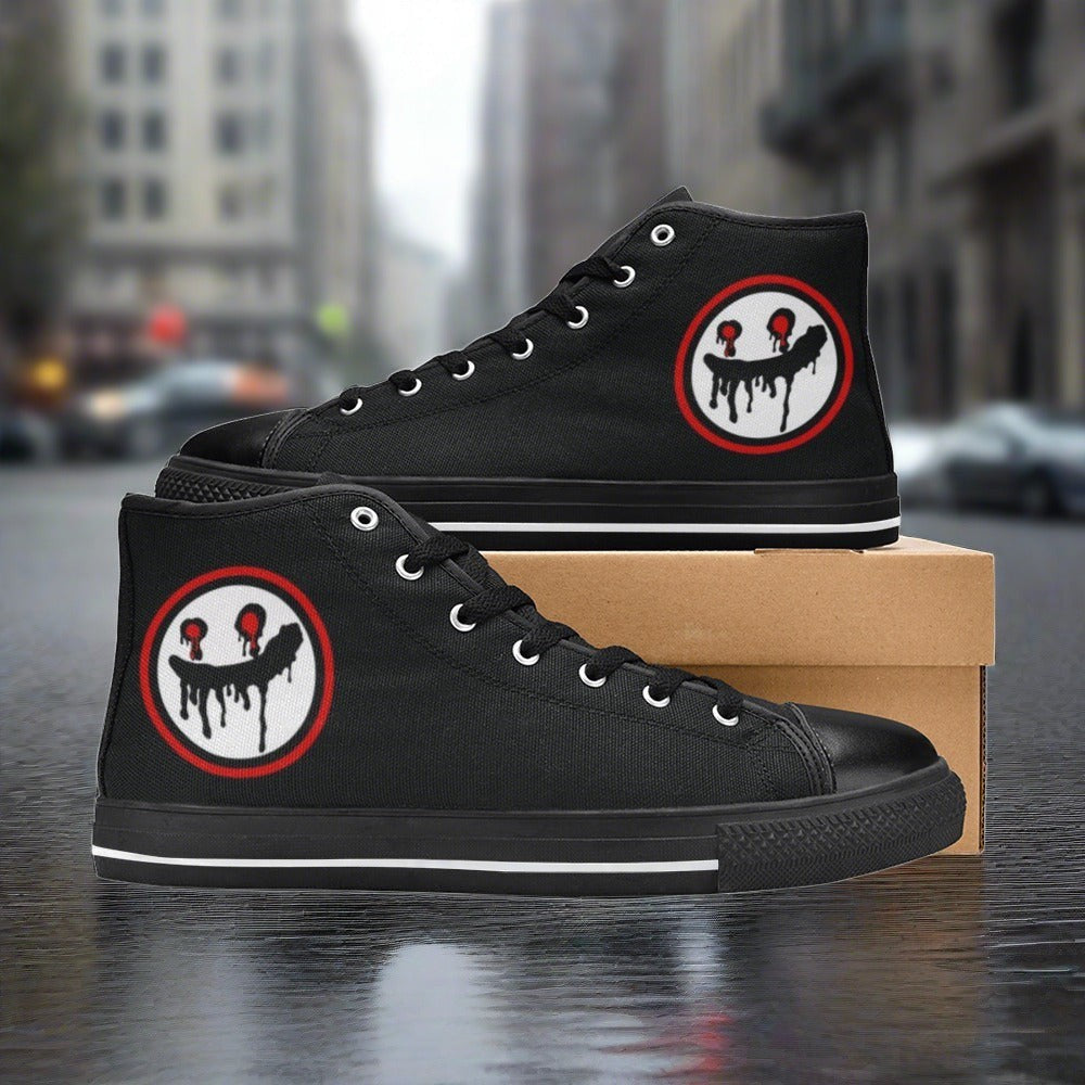 Women's Freaky Clean Logo Face Art R La high-top canvas shoes, custom full-wrap printed design — Freaky Shoes