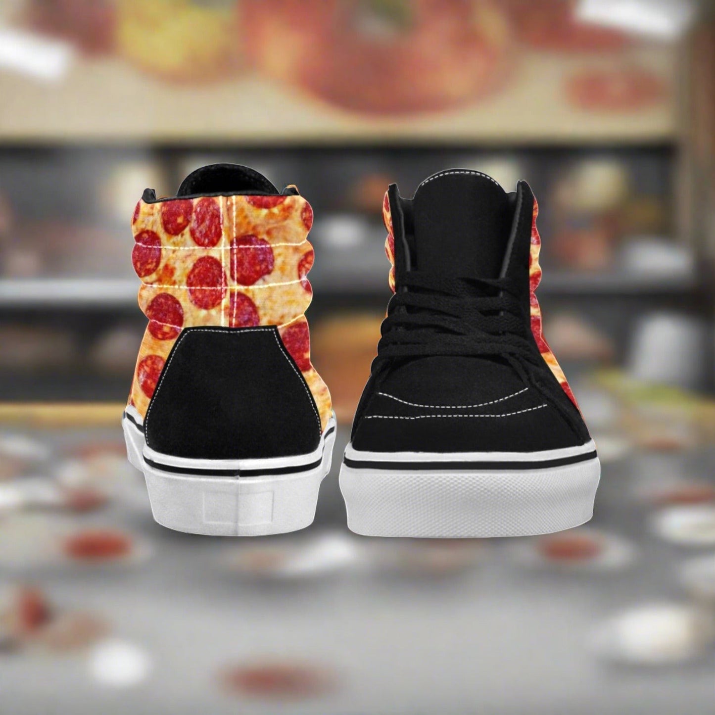 Custom Men's Pepperoni Pizza high-top canvas shoes with bold all-over art — Freaky Shoes