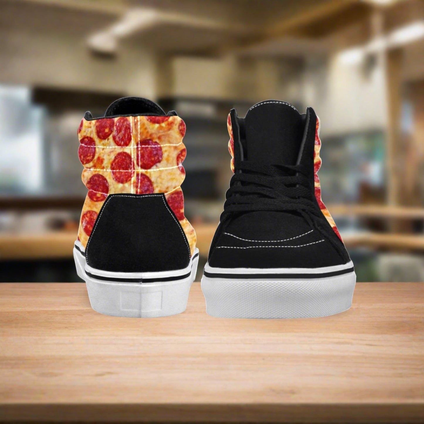 Custom Women's Pepperoni Pizza high-top canvas shoes with bold all-over art — Freaky Shoes