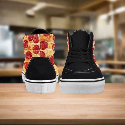Custom Women's Pepperoni Pizza high-top canvas shoes with bold all-over art — Freaky Shoes