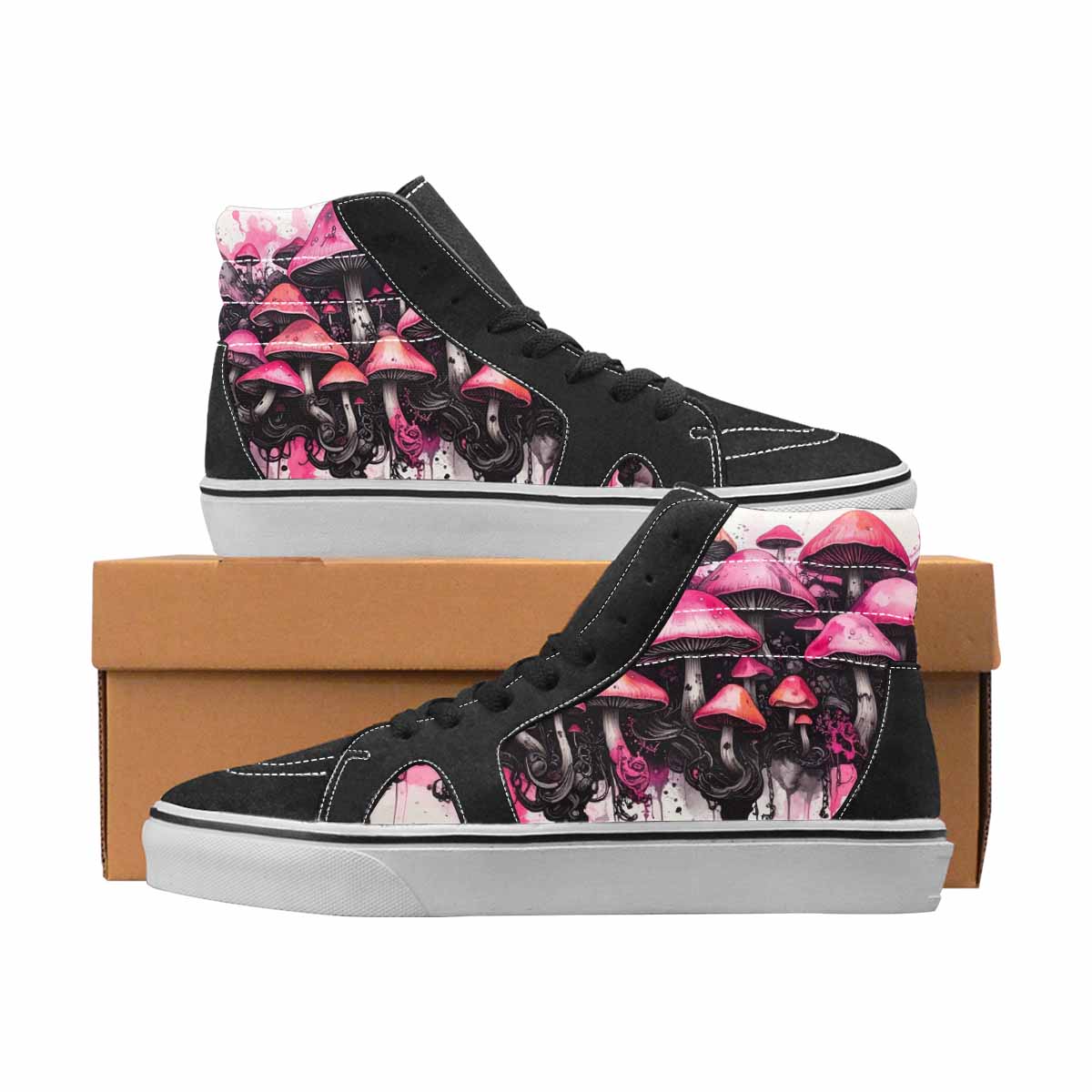 WOMEN'S Mushrooms Black & Pink Ink High Top Canvas Artist-designed Aesthetic Custom Canvas Shoes