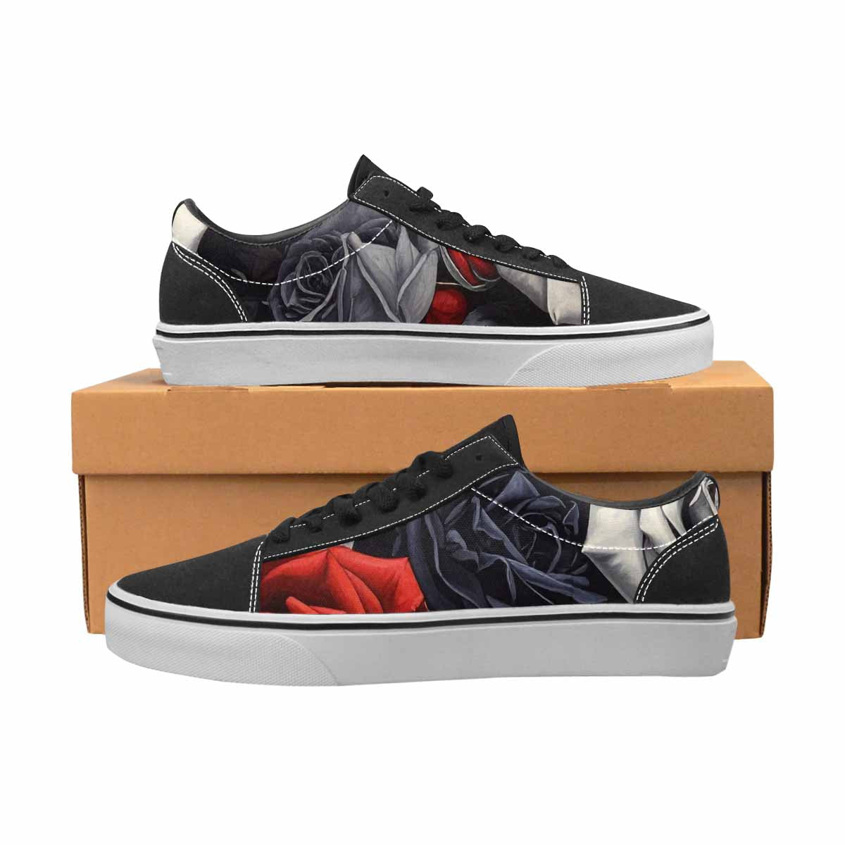 WOMEN'S Black Gothic Rose Canvas Lace-Up Grunge Custom Sneakers
