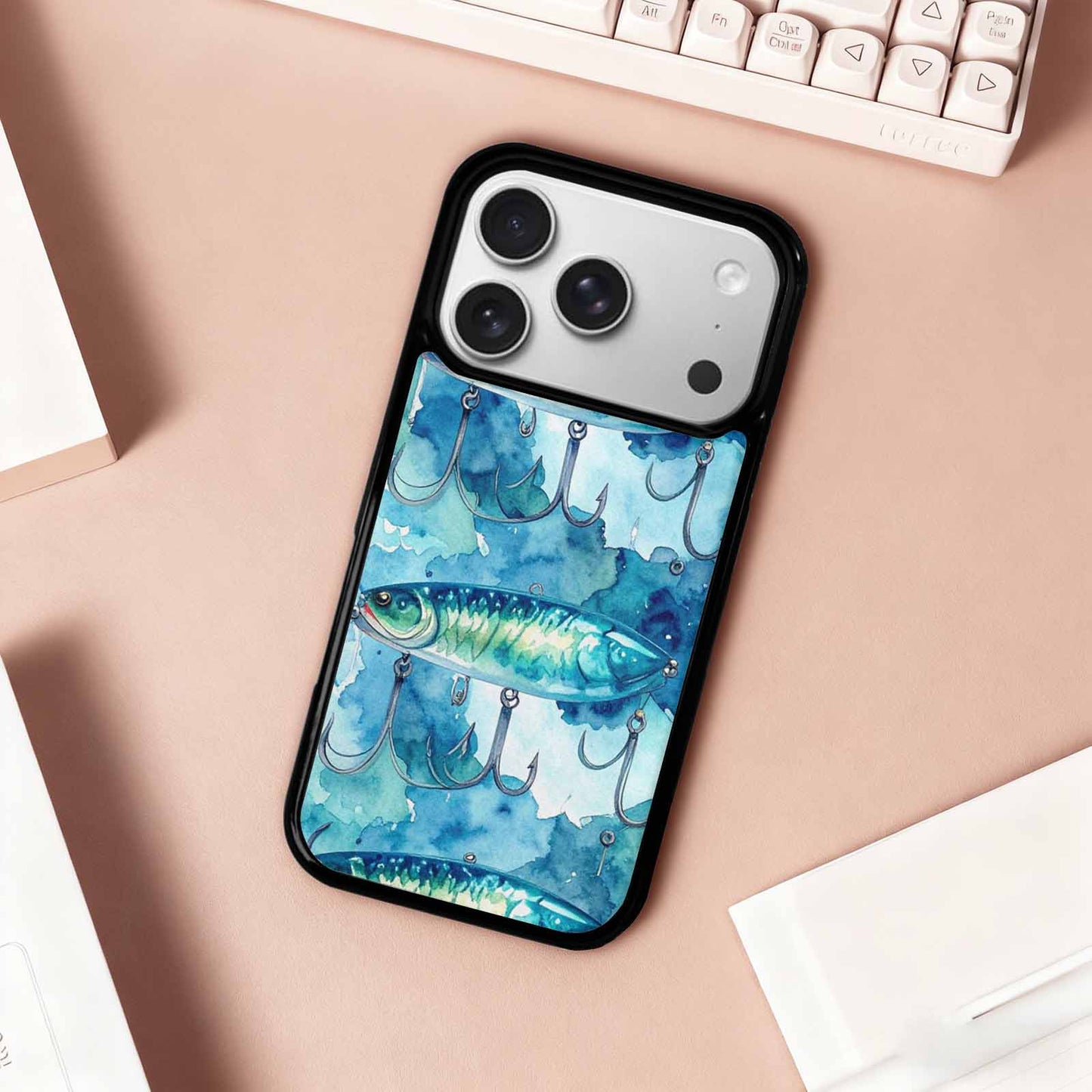 iPhone 17 Pro Case — Fishing Lure And Hook Pattern Watercolor, Original Design Phone Case
