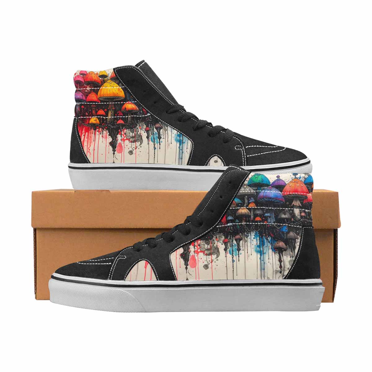 WOMEN'S Mushrooms Black & Red Ink High Top Canvas One Of A Kind Aesthetic Custom Kicks