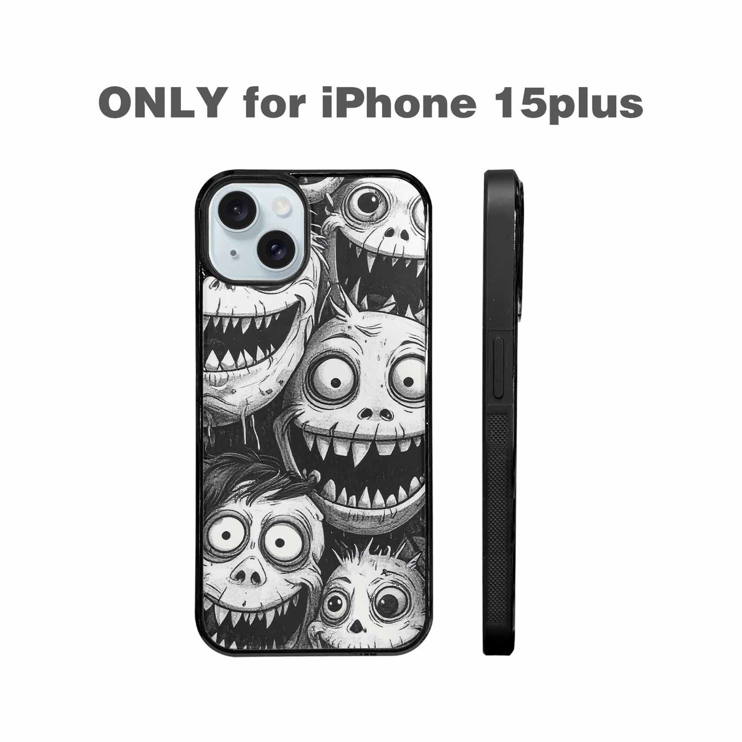 iPhone 15 Plus Case — Black And White Monster Face Collage, Custom Phone Case