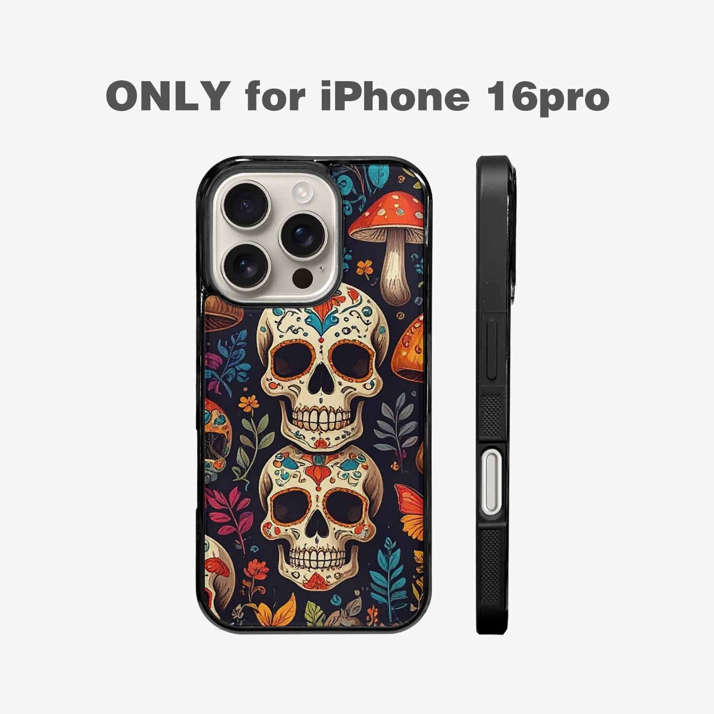iPhone 16 Pro Case — Mushrooms And Skulls, Custom Made Phone Cover