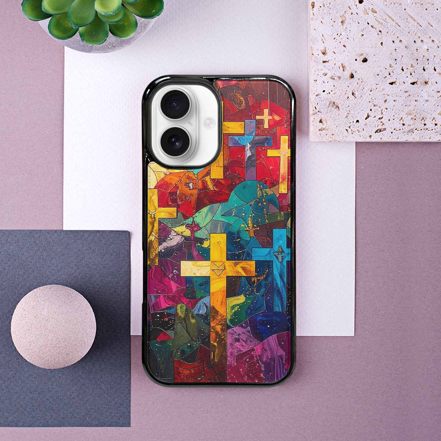 iPhone 16 Case — Faith Cross And Faith Icons Pattern, Unique Phone Case Design