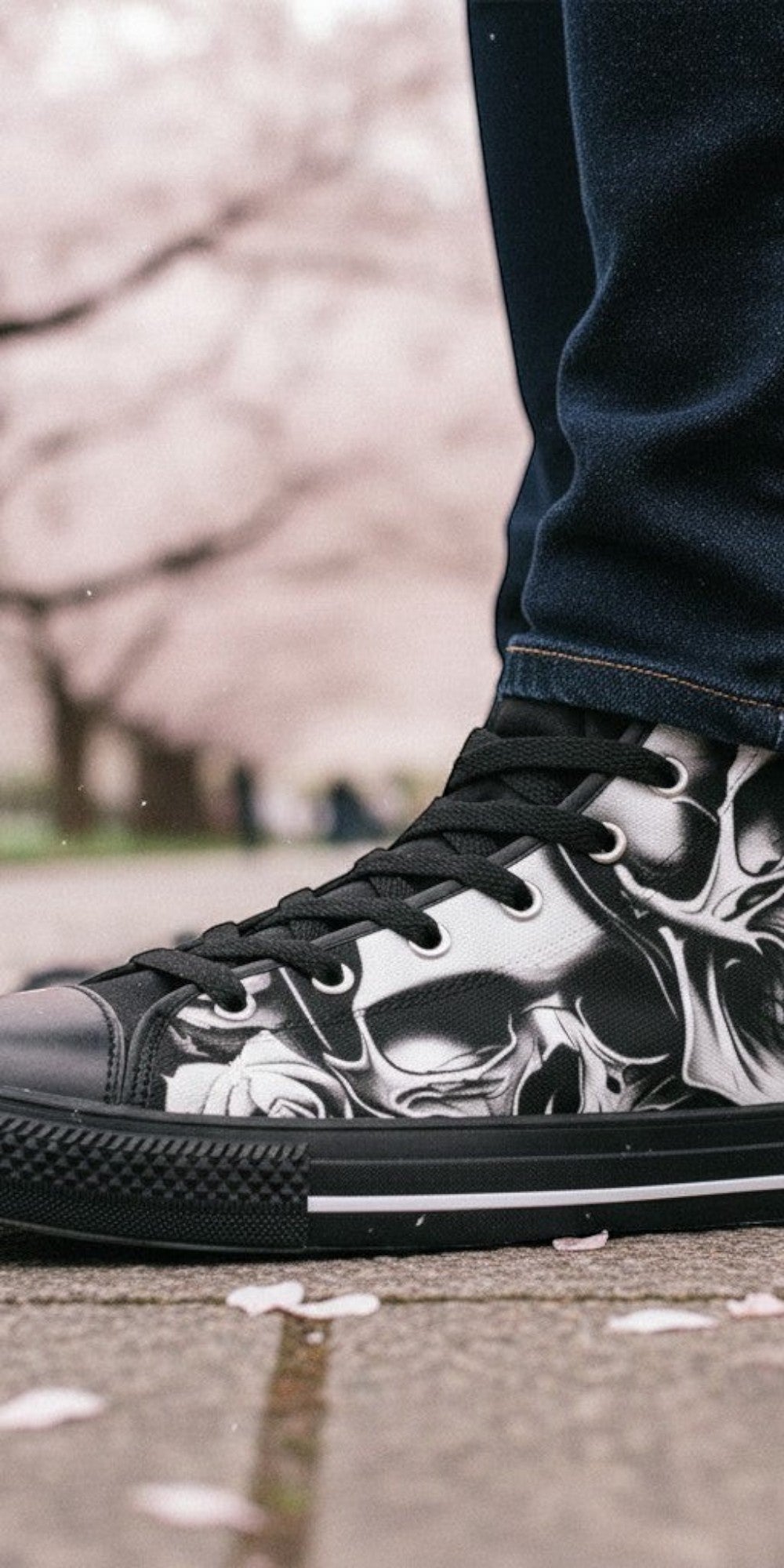 Men's Cartoon Skulls & Roses hand-made high-top canvas shoes — unique wearable art by Freaky Shoes