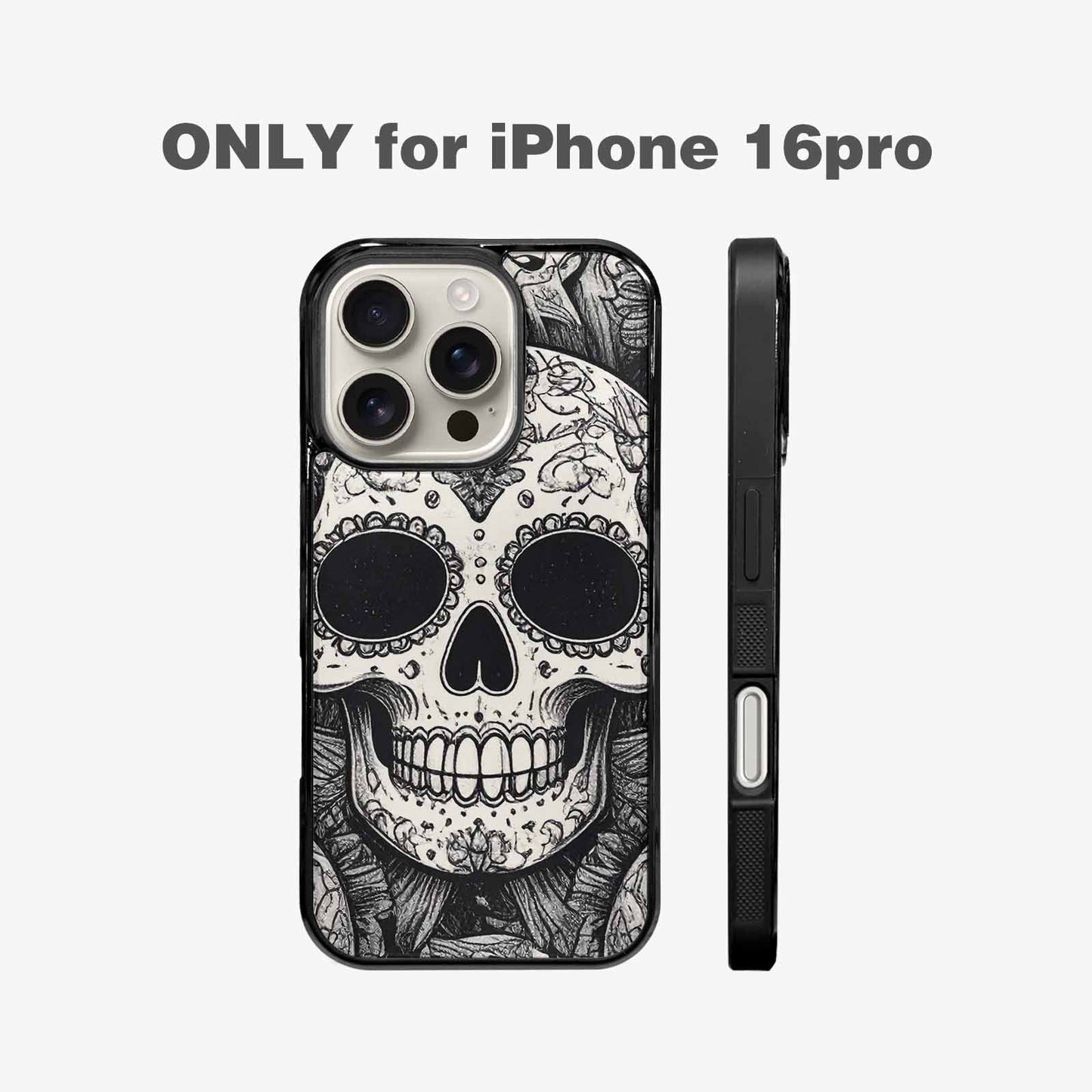 iPhone 16 Pro Case — Intricately Detailed Sugar Skulls In Black, Custom Phone Case