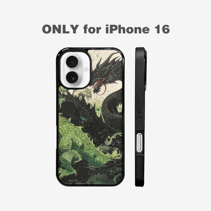 iPhone 16 Case — Dragon Scale Black Green Ink Dragons, Custom Designed Case Cover