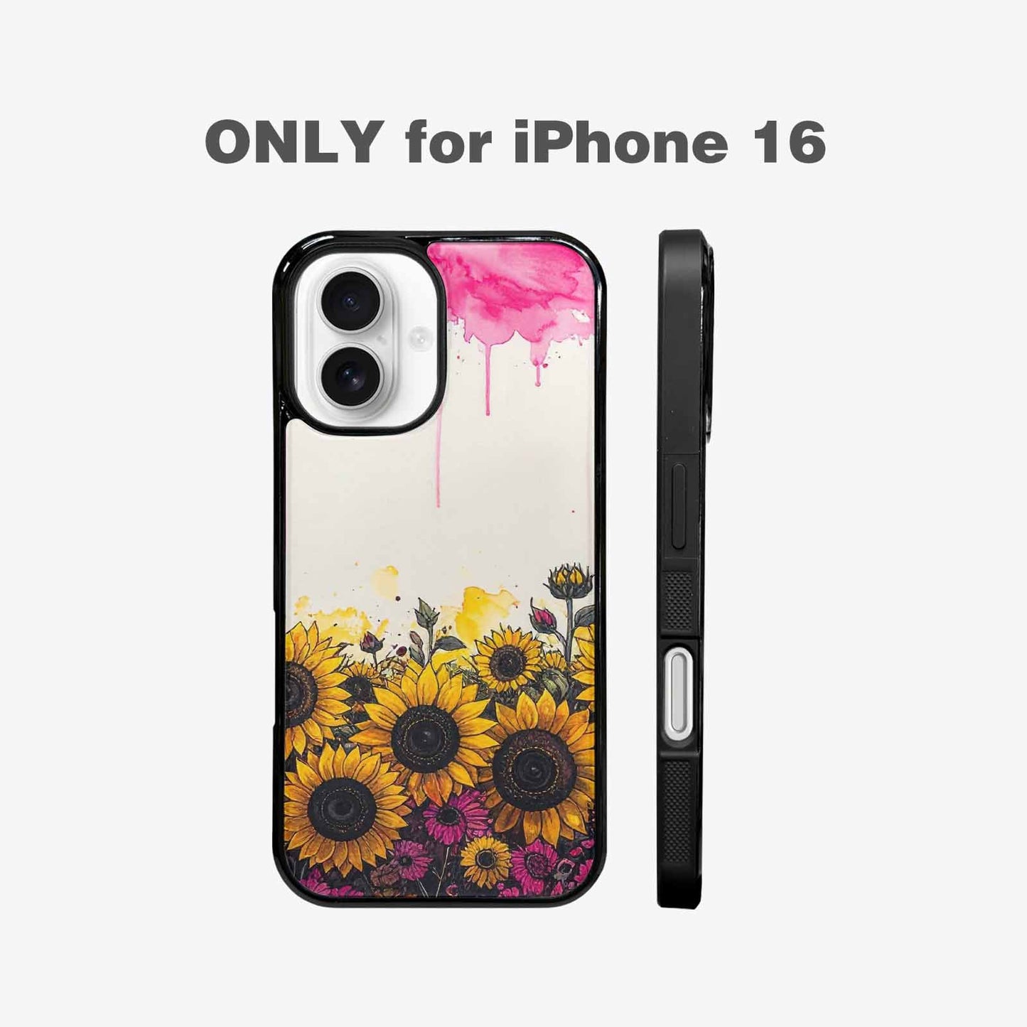 iPhone 16 Case — Sunflower Burst Black Pink Ink Sunflowers, Customized Protective Case