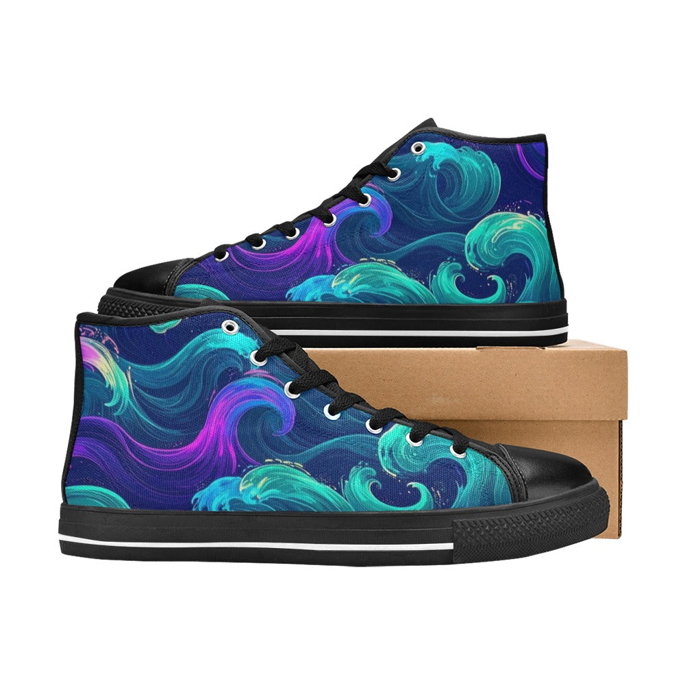 MEN'S Glowing Ocean Swirls High Top Canvas Vibrant Chaos Sneakers