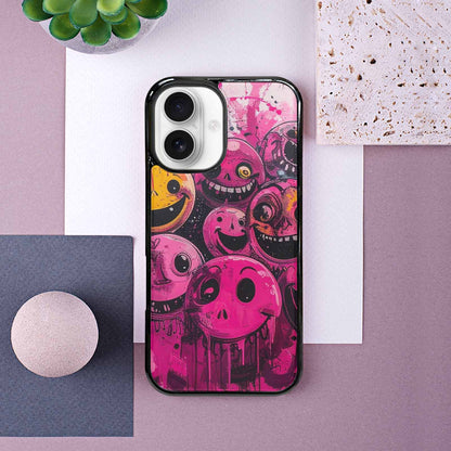 iPhone 16 Case — Melting Moon Smiley Black Pink Ink, Custom Phone Case