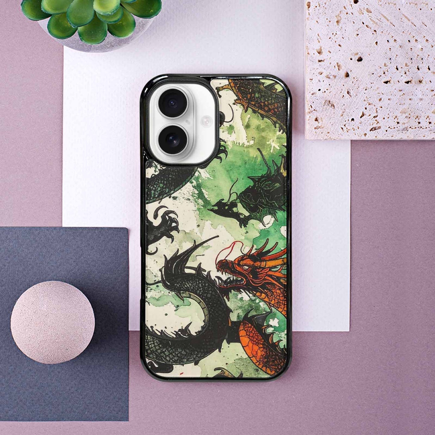 iPhone 16 Case — Dragon Scale Black Green Ink Dragons, Custom Made Phone Cover