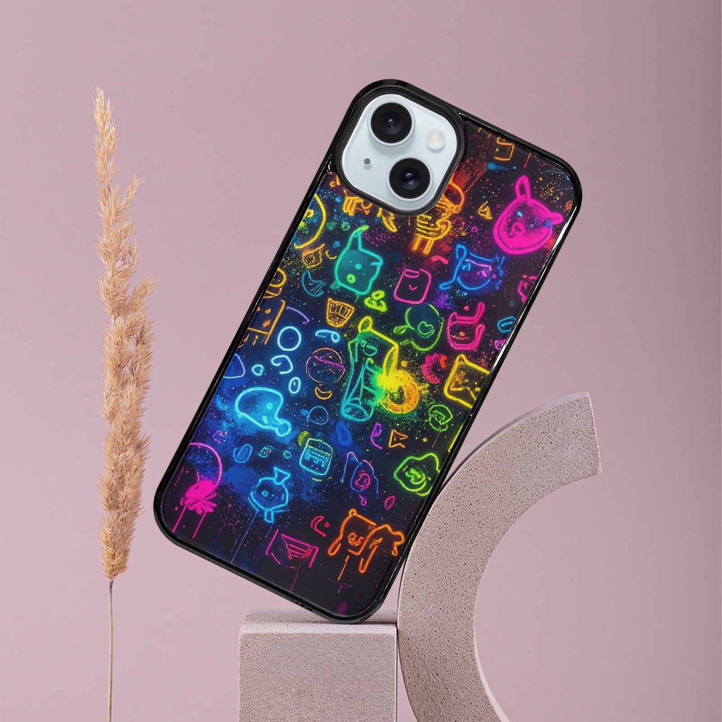 iPhone 15 Plus Case — Neon Glow Outline Icon Pattern Hundreds, Custom Phone Case