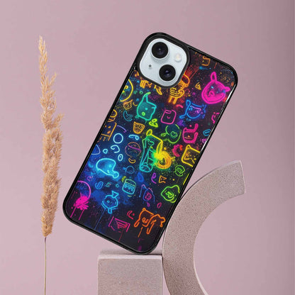 iPhone 15 Plus Case — Neon Glow Outline Icon Pattern Hundreds, Custom Phone Case