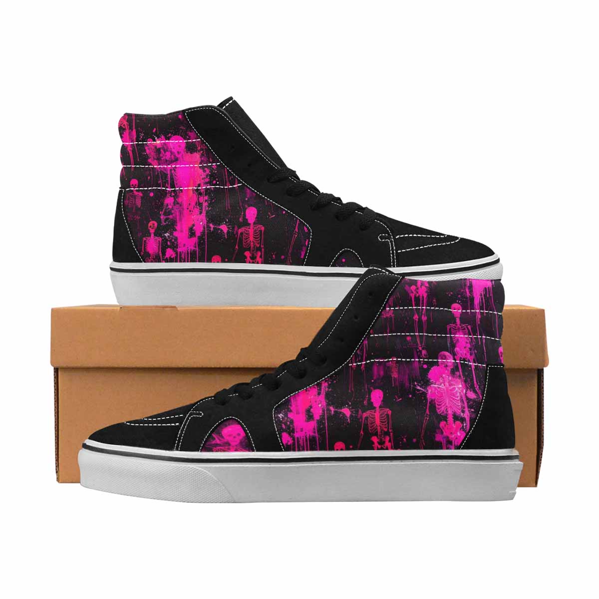 MEN'S Skulls Neon Pink Glow High Top Canvas Made To Order Wallpaper Art Limited Edition Sneakers