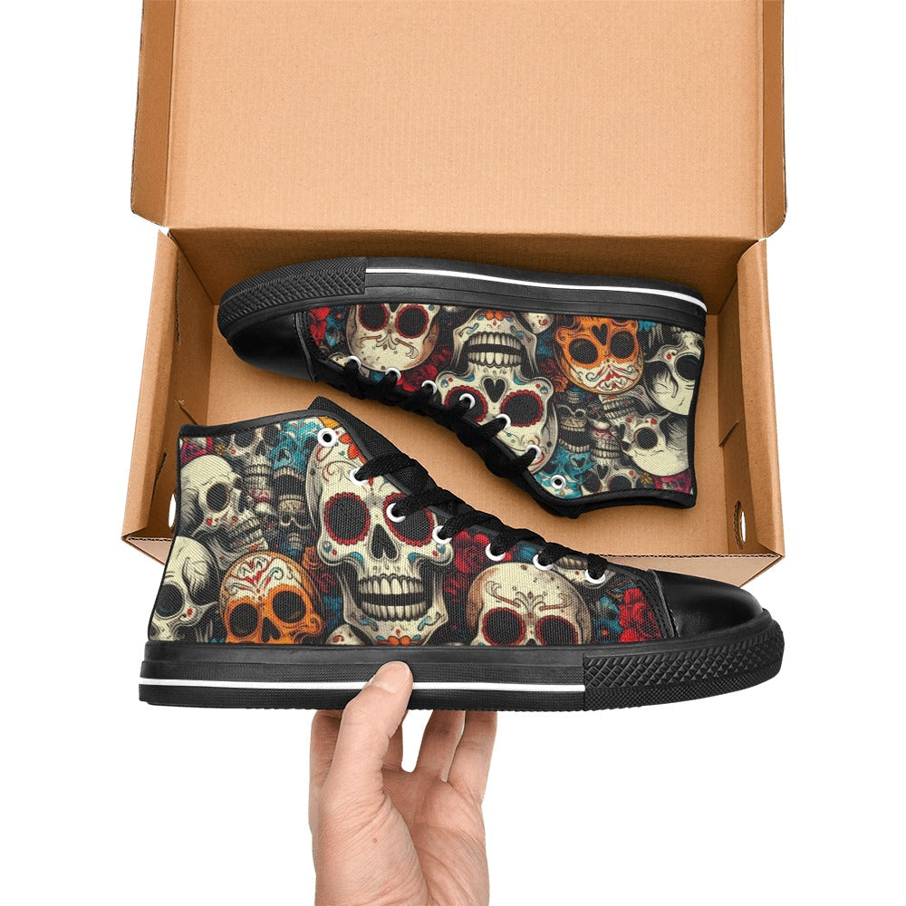 WOMEN'S Aggressive Halftone Sugar Skull High Top Canvas Surreal Custom Shoes