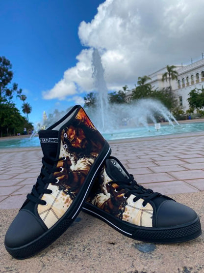 Jesus Unisex hand-made high-top canvas shoes — unique wearable art by Freaky Shoes