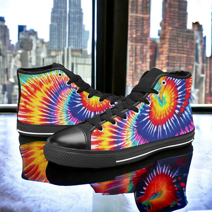 Men's Tie Dye Splash hand-made high-top canvas shoes — unique wearable art by Freaky Shoes