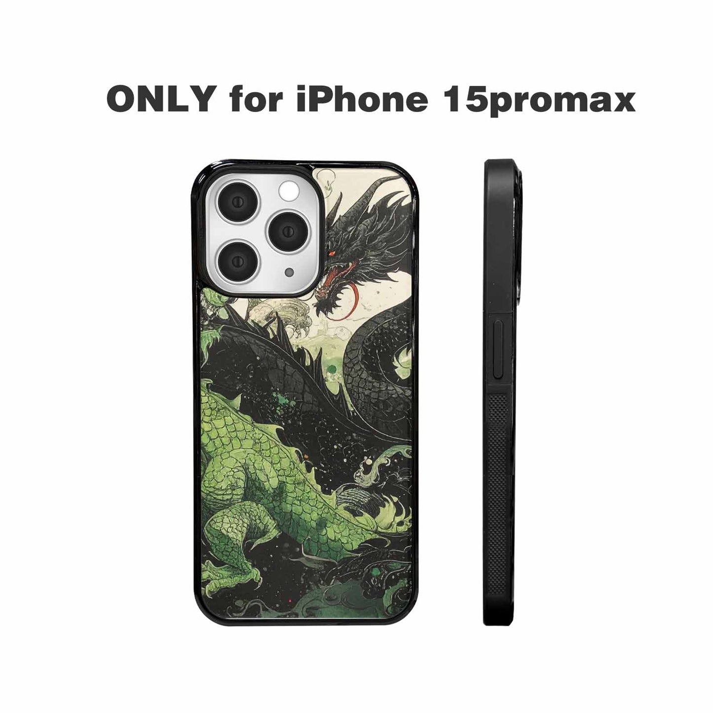 iPhone 15 Pro Max Case — Dragon Scale Black Green Ink Dragons, Custom Made Phone Cover