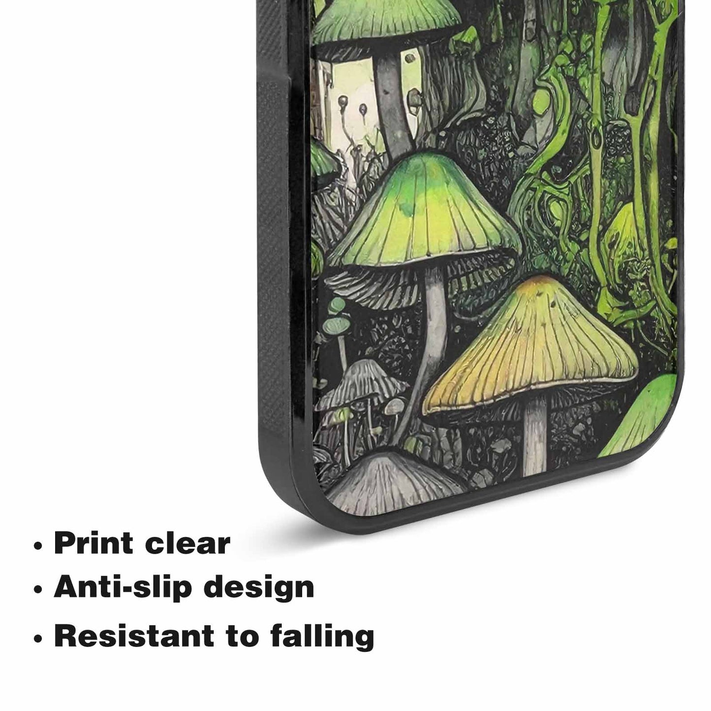 iPhone 15 Plus Case — Rainbow Drip Mushrooms Black Green Ink, Custom Printed Phone Case