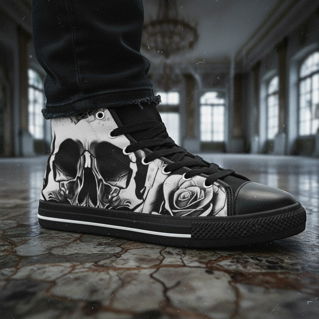 Custom Women's Grey Skull & Roses Black & White high-top canvas shoes with bold all-over art — Freaky Shoes