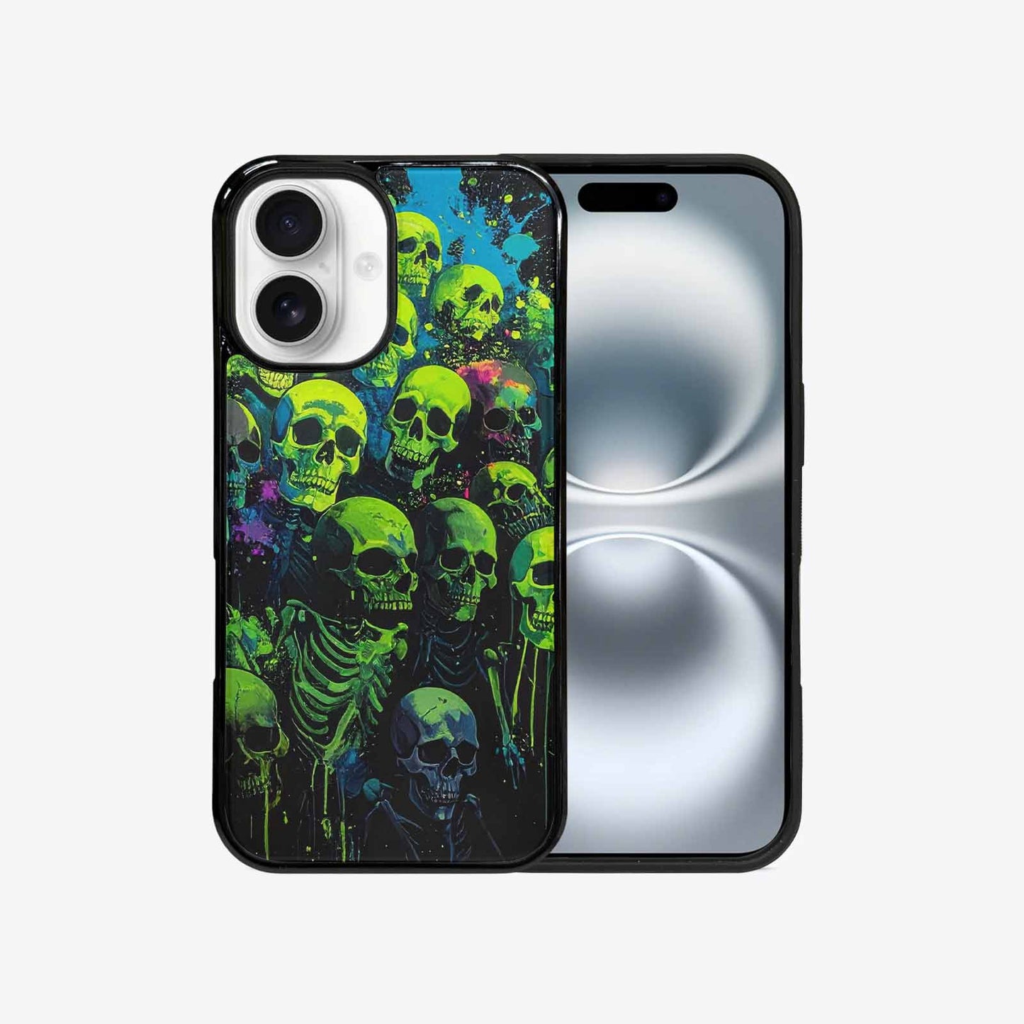 iPhone 16 Case — Skeletons Neon Green Glow Skeletons Pattern, Custom Made Phone Cover