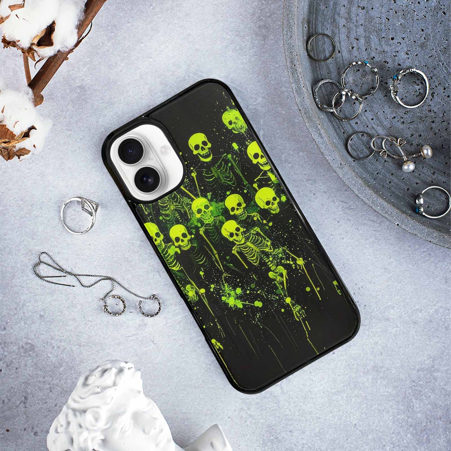 iPhone 16 Plus Case — Skeletons Neon Green Glow Skeletons Pattern, Custom Phone Case