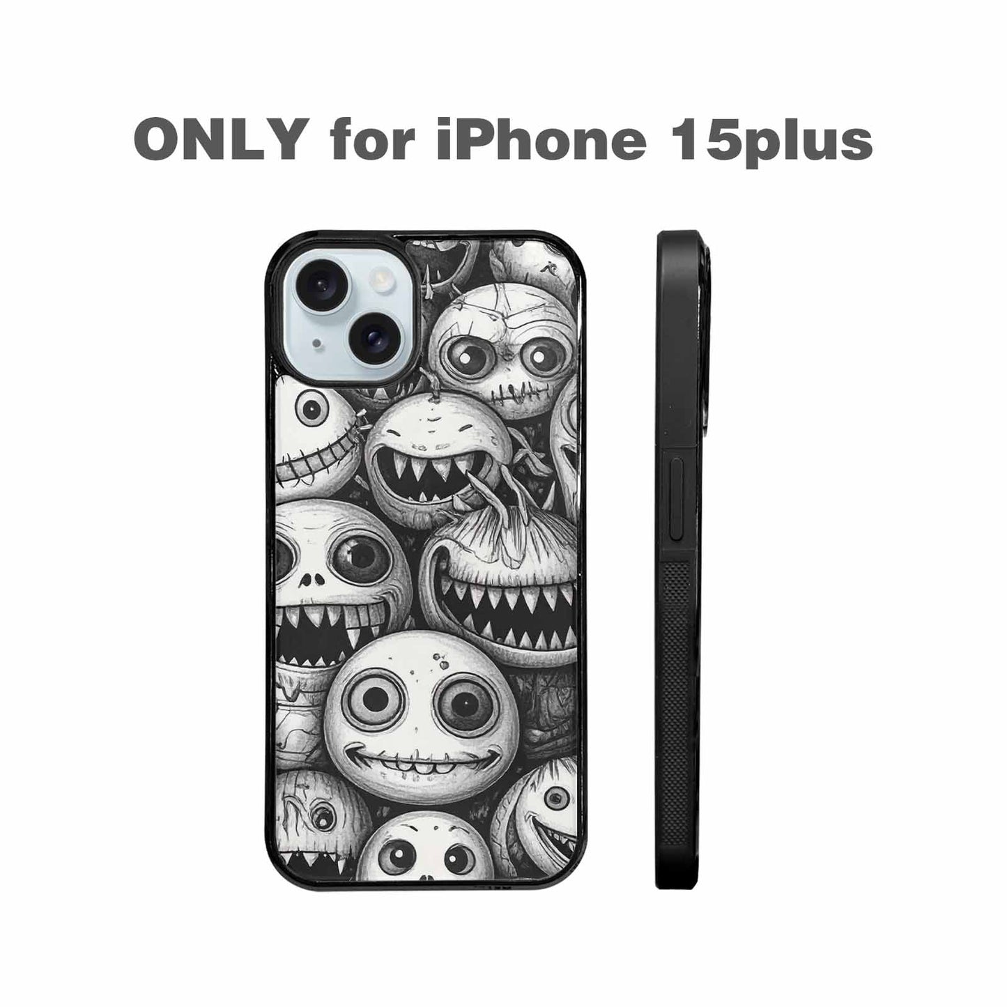 iPhone 15 Plus Case — Black And White Monster Face Collage, Personalized Phone Case