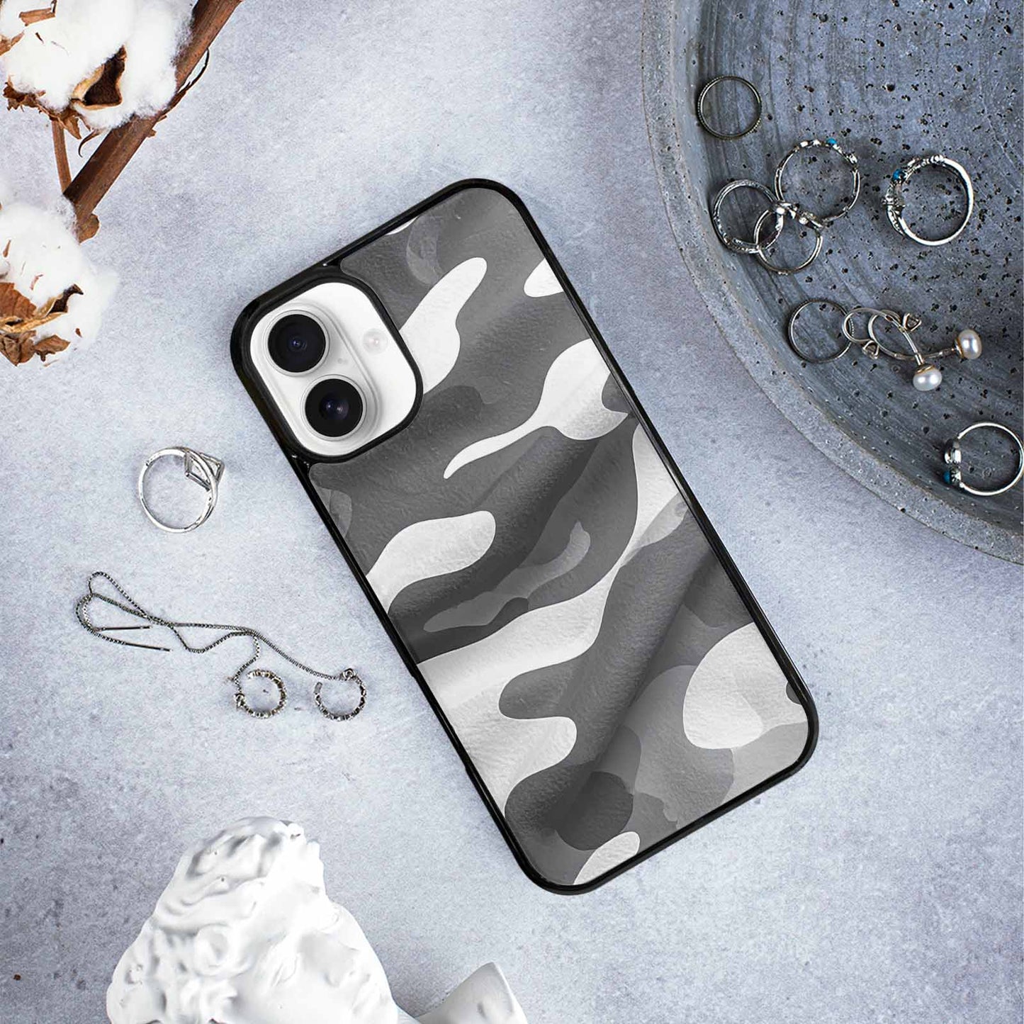 iPhone 16 Plus Case — Grey Camo Print, Original Design Phone Case