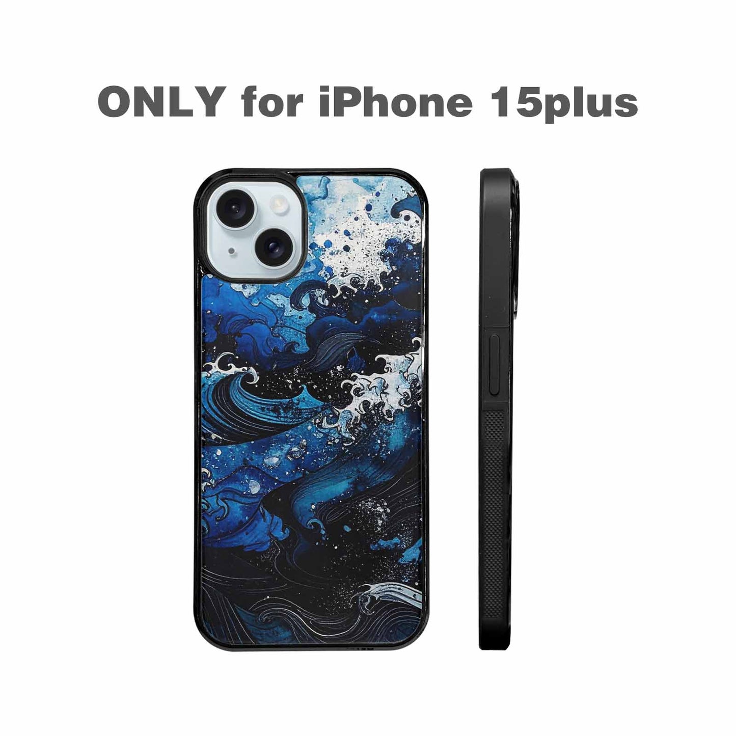iPhone 15 Plus Case — Nautical Wave Black Blue Ink Wave, Custom Print Case Cover