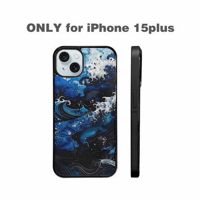 iPhone 15 Plus Case — Nautical Wave Black Blue Ink Wave, Custom Print Case Cover