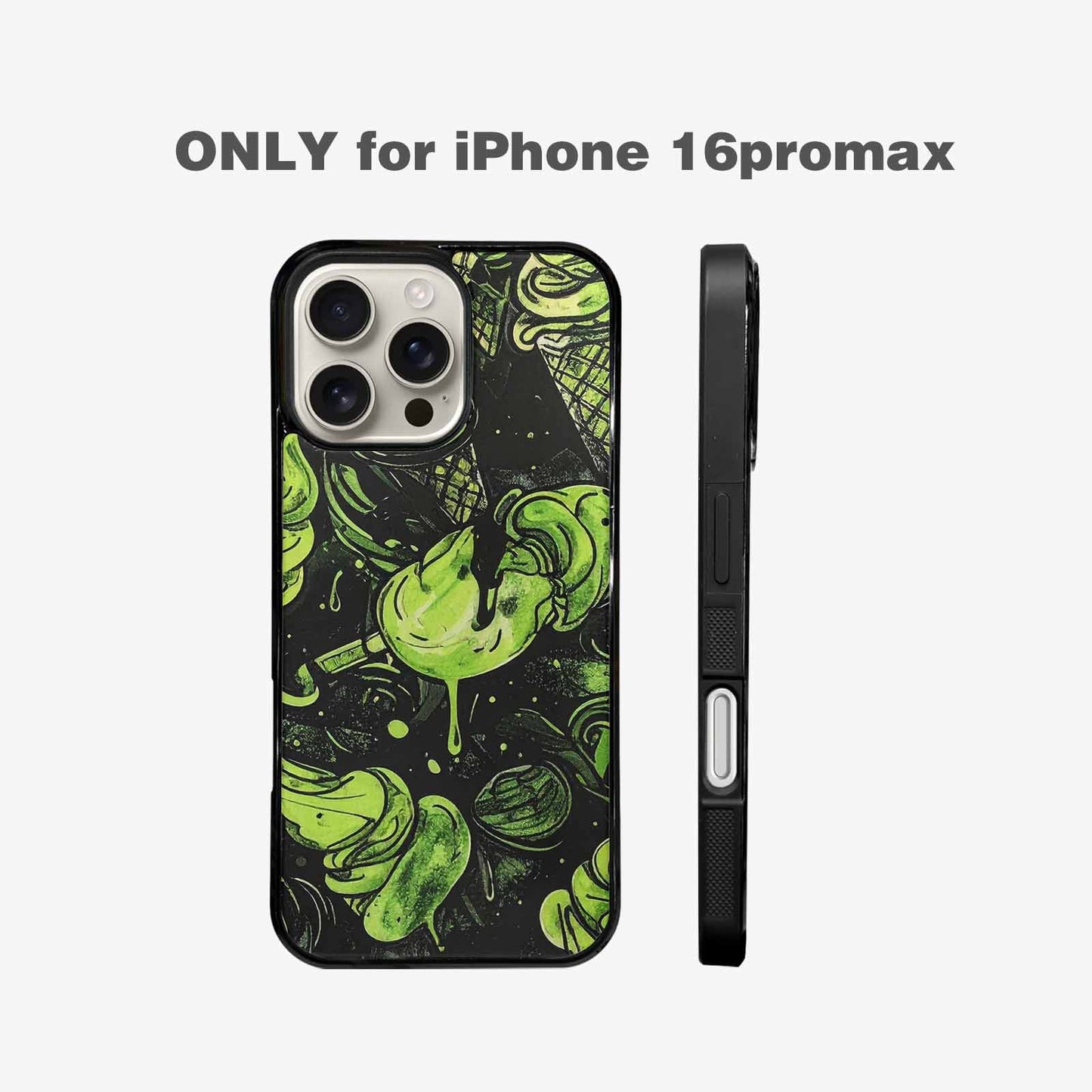 iPhone 16 Pro Max Case — Ice Cream Motif Black Green Ink, Custom Printed Phone Case