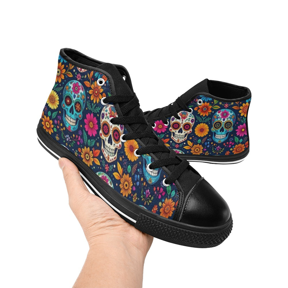 WOMEN'S Rainbow Sugar Skull Weave High Top Canvas Cottagecore Custom Sneakers