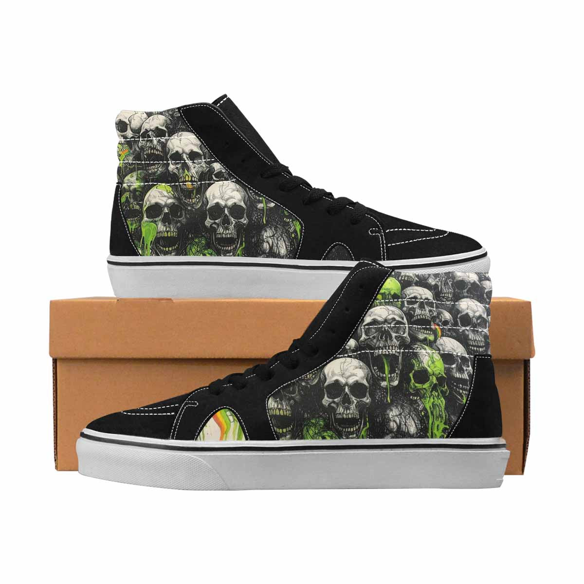 MEN'S Skulls Black & Green Ink High Top Canvas Custom Design Melting Art Original Art Sneakers