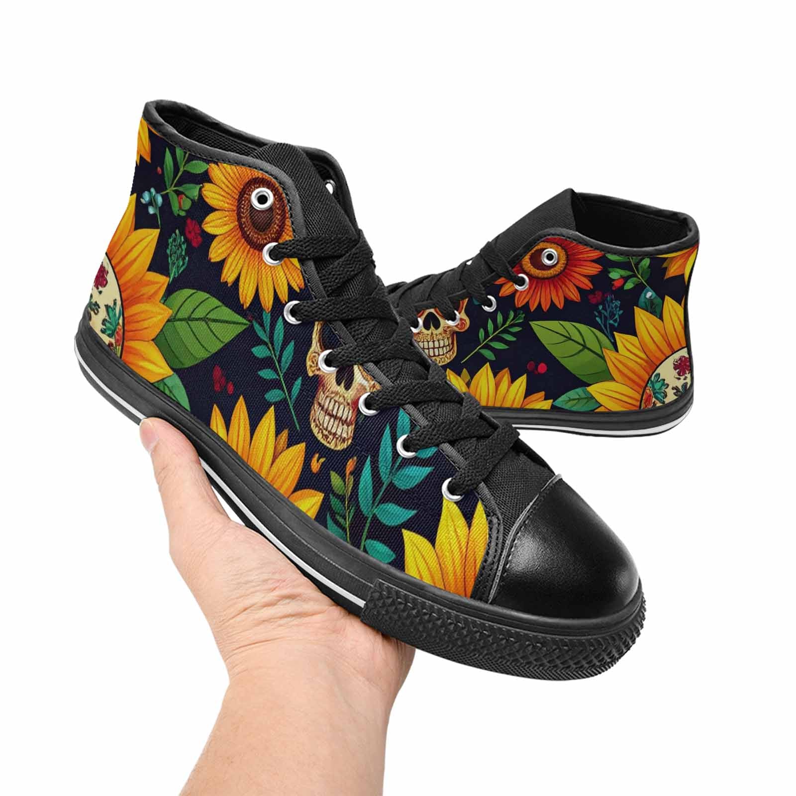 WOMEN'S Sunflowers And Skulls High Top Canvas Grunge Custom Shoes