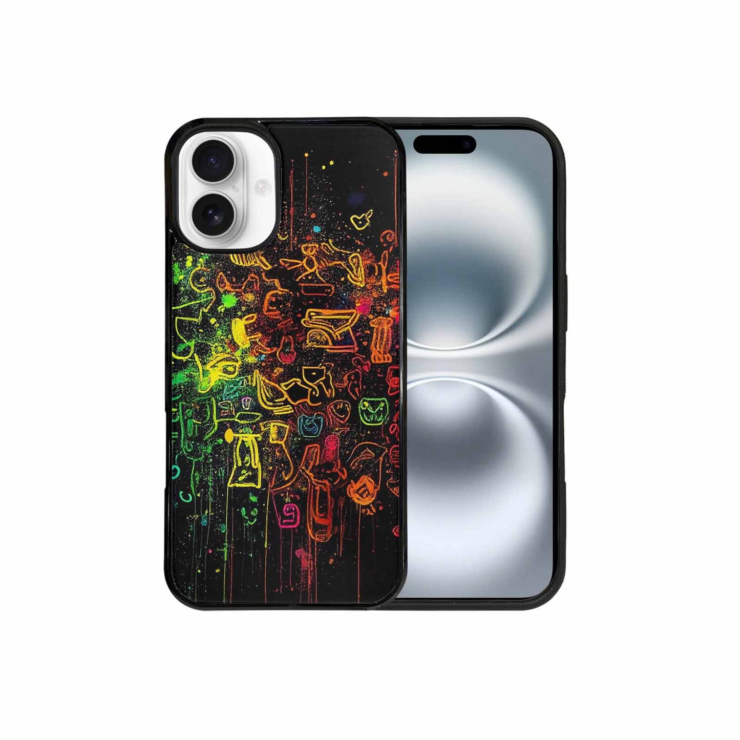iPhone 16 Plus Case — Neon Glow Outline Icon Pattern Hundreds, Customized Protective Case